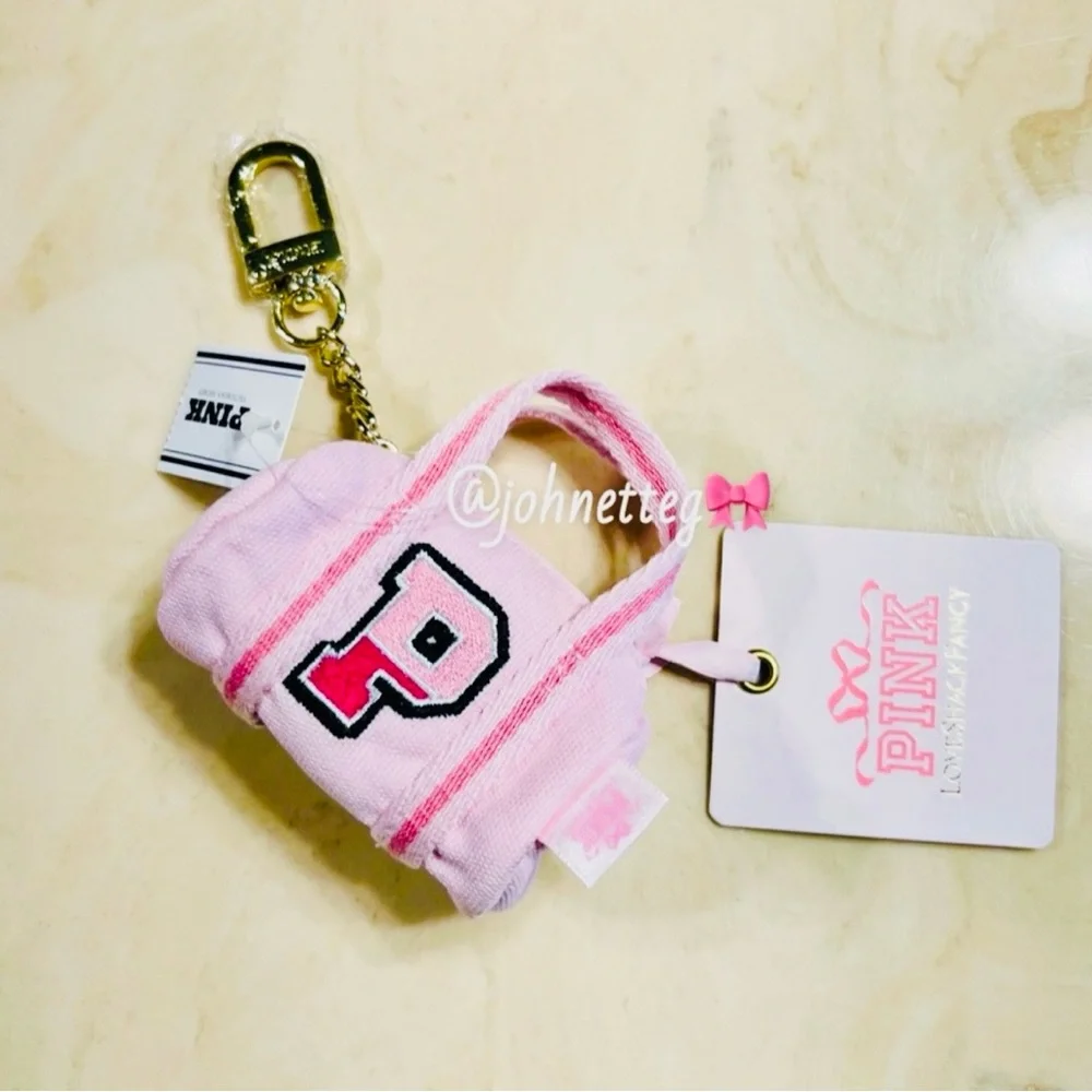 🎀PINK x LoveShackFancy Mini Duffle Bag Keychain Bag Charm Pink Tulip “P” Logo